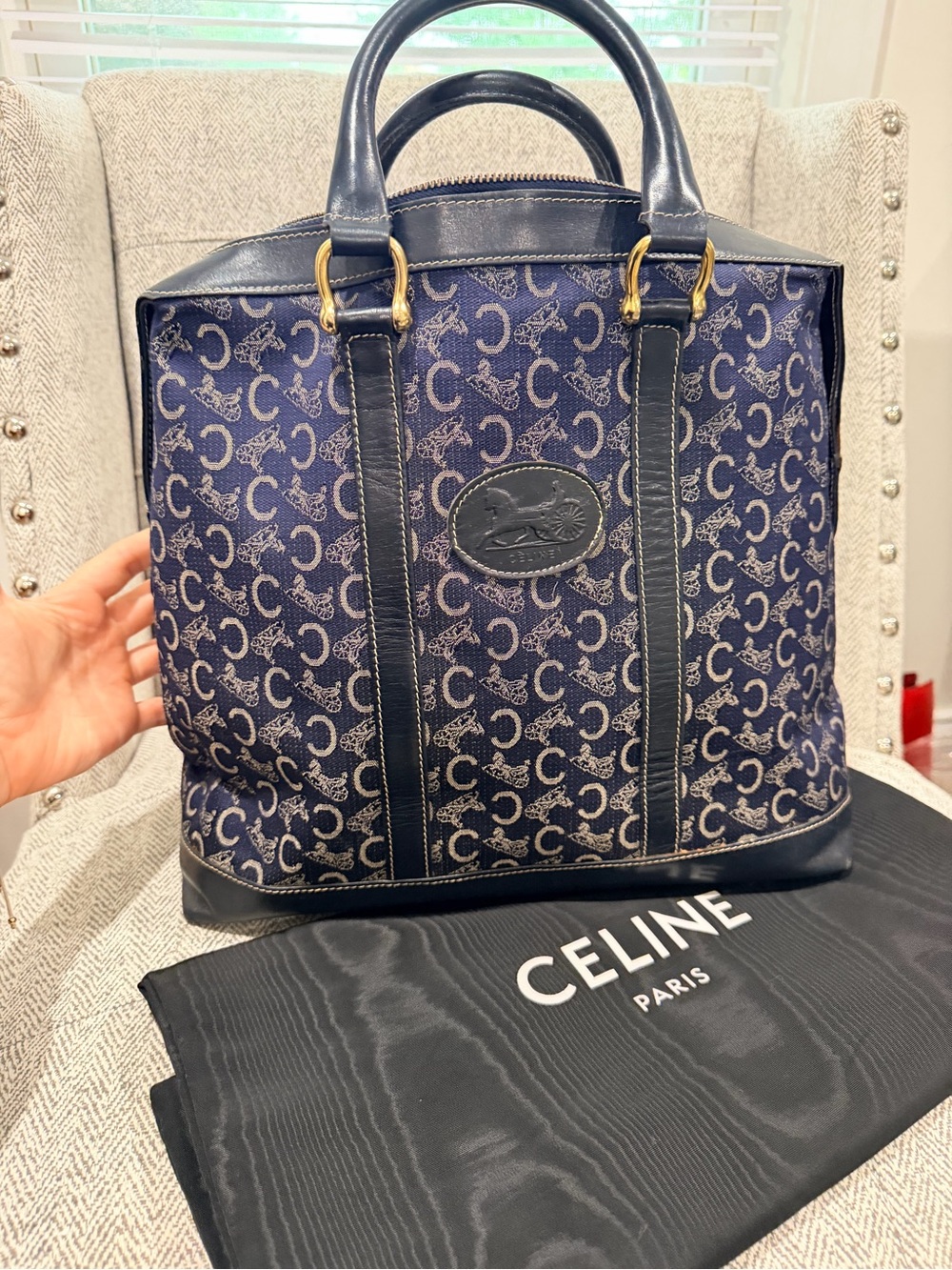 Celine Navy Macadam Leather Canvas Bag with Gold Hardware, Dustbag, and COA